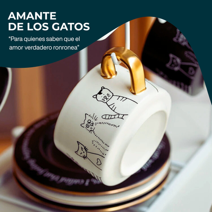 Taza de Gatos para Café. Taza de Lujo para Espresso y Té. Taza para Amante de los Gatos. Juego de Taza y Plato. Blanco