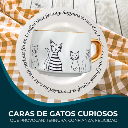 Taza de Gatos para Café. Taza de Lujo para Espresso y Té. Taza para Amante de los Gatos. Juego de Taza y Plato. Blanco