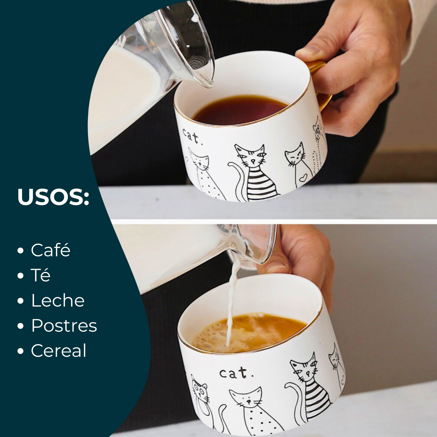 Taza de Gatos para Café. Taza de Lujo para Espresso y Té. Taza para Amante de los Gatos. Juego de Taza y Plato. Blanco