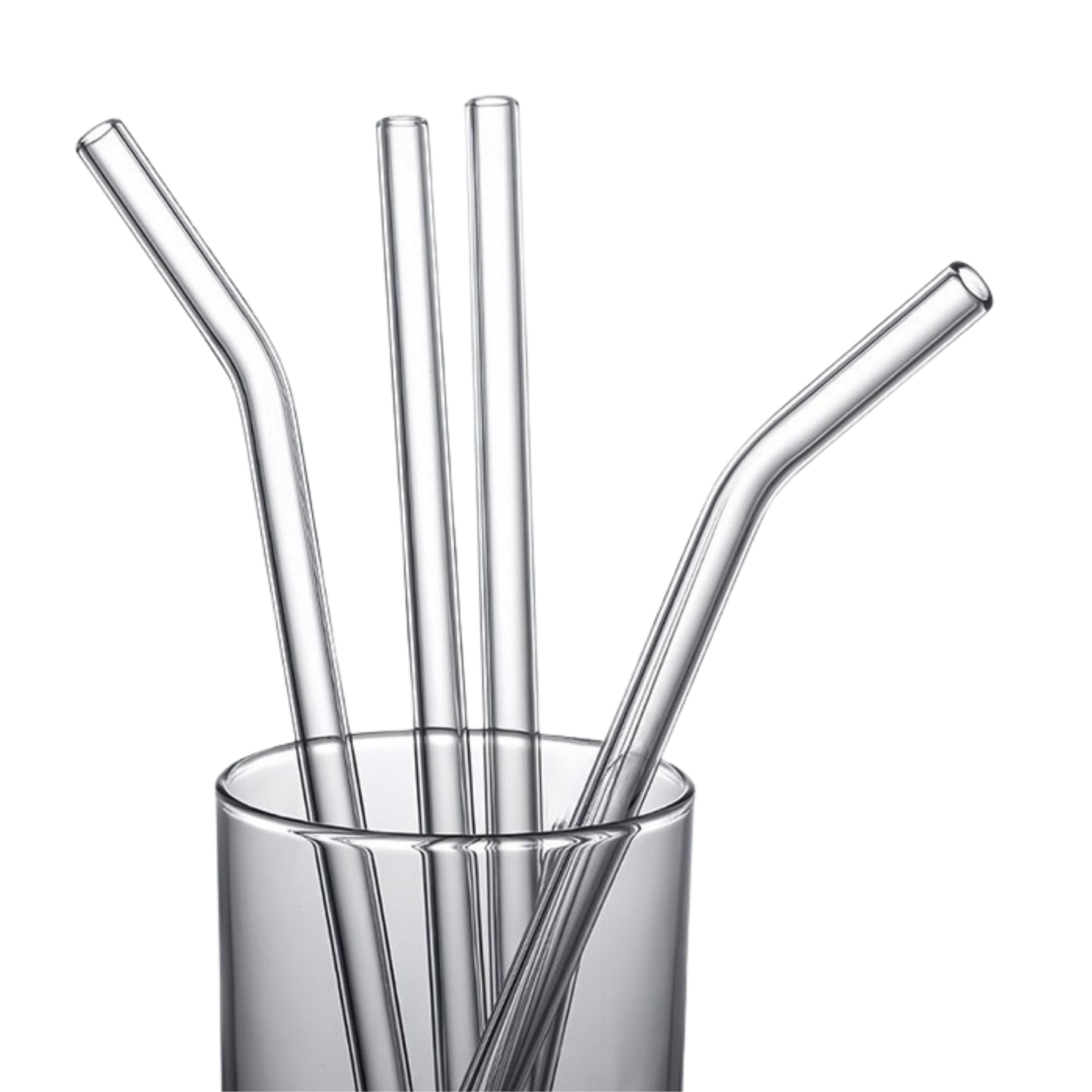 Popotes de Vidrio Reutilizables. Set de 4 popotes (2 Rectos + 2 Curvos) con Cepillo de Limpieza. Transparentes, Ecológicos, Elegantes. (Claros)