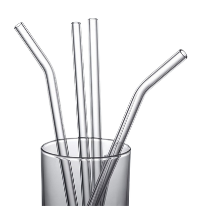 Popotes de Vidrio Reutilizables. Set de 4 popotes (2 Rectos + 2 Curvos) con Cepillo de Limpieza. Transparentes, Ecológicos, Elegantes. (Claros)