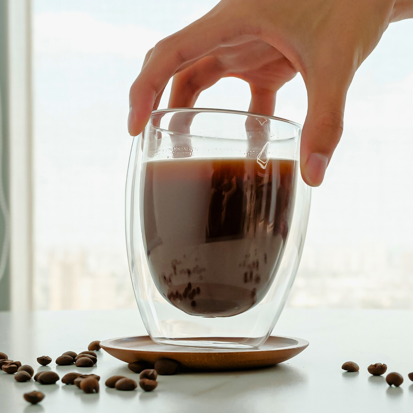 Vasos Doble Pared de Vidrio con Tapa de Bambú y Popote para Café, Capuchino, Té. Térmicos, Resistentes (2 X 350 ml)