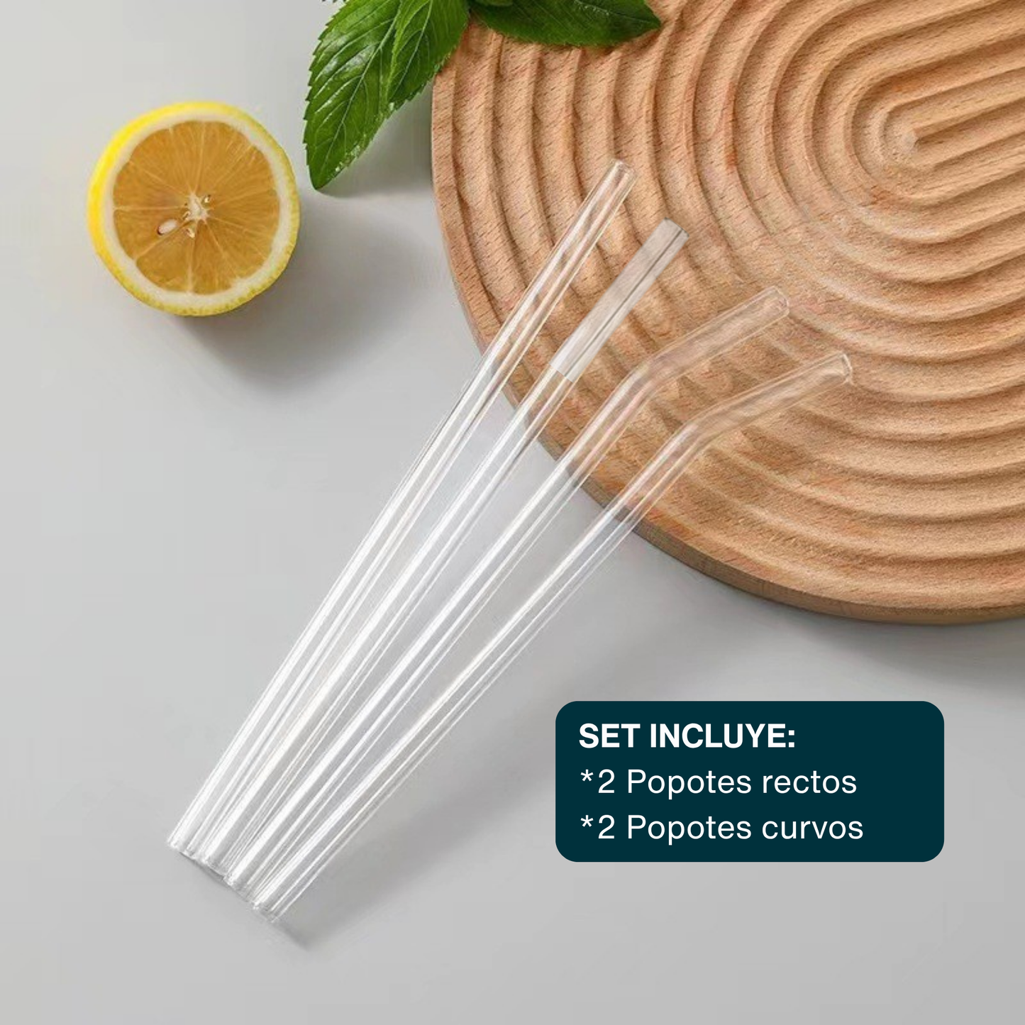 Popotes de Vidrio Reutilizables. Set de 4 popotes (2 Rectos + 2 Curvos) con Cepillo de Limpieza. Transparentes, Ecológicos, Elegantes. (Claros)