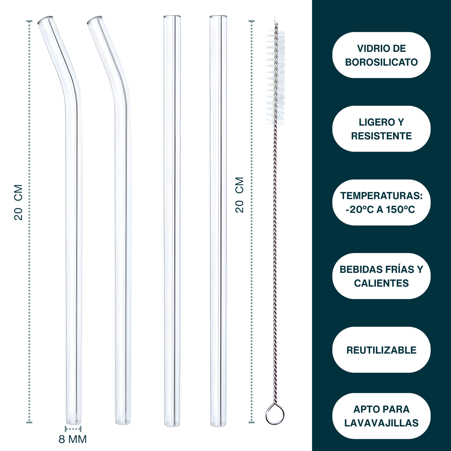 Popotes de Vidrio Reutilizables. Set de 4 popotes (2 Rectos + 2 Curvos) con Cepillo de Limpieza. Transparentes, Ecológicos, Elegantes. (Claros)