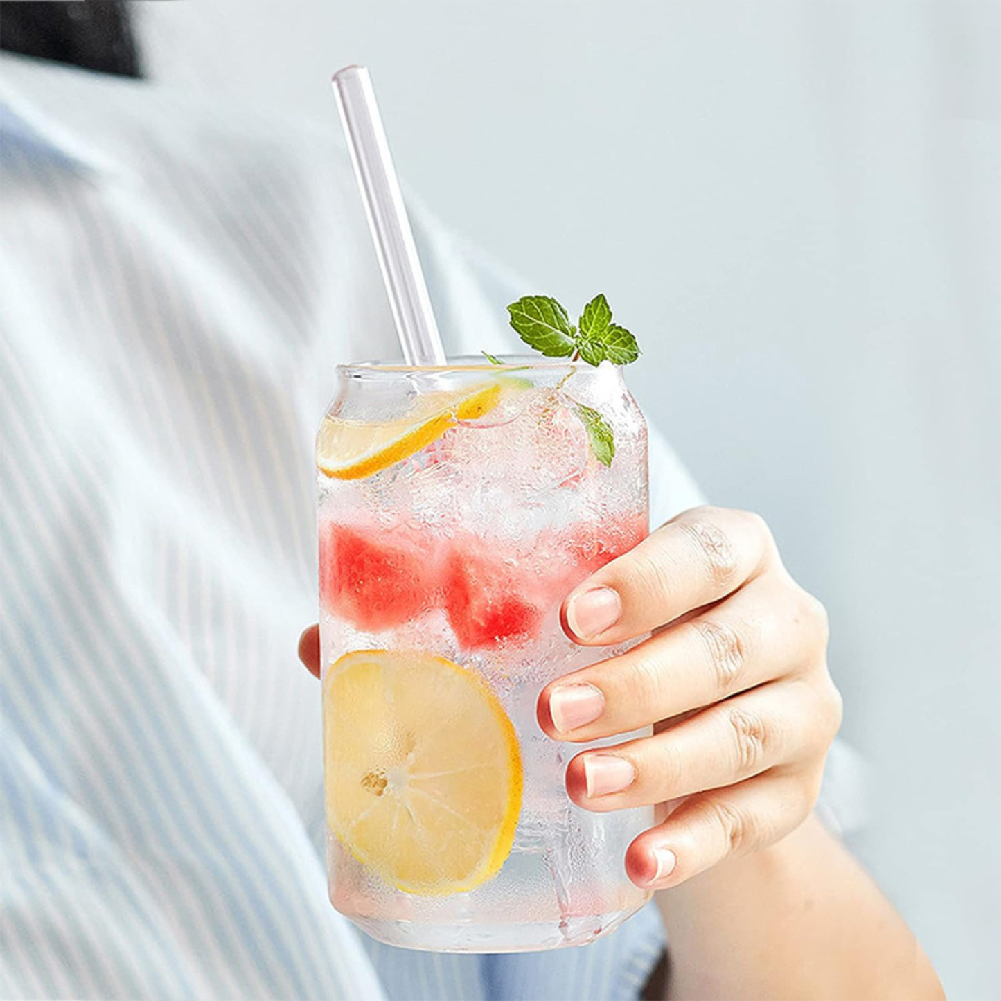 Popotes de Vidrio Reutilizables. Set de 4 popotes (2 Rectos + 2 Curvos) con Cepillo de Limpieza. Transparentes, Ecológicos, Elegantes. (Claros)