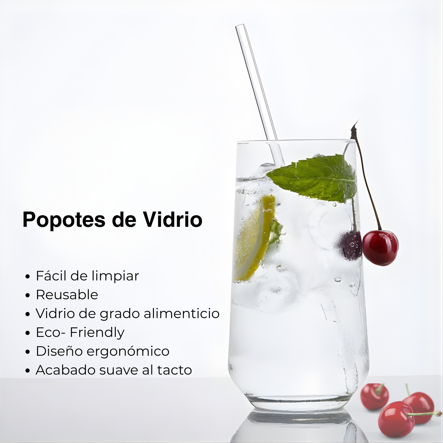 Popotes de Vidrio Reutilizables. Set de 4 popotes (2 Rectos + 2 Curvos) con Cepillo de Limpieza. Transparentes, Ecológicos, Elegantes. (Claros)