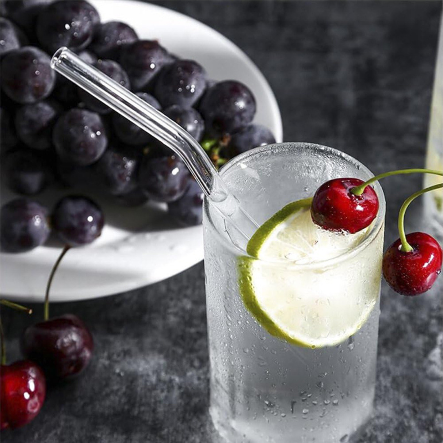 Popotes de Vidrio Reutilizables. Set de 4 popotes (2 Rectos + 2 Curvos) con Cepillo de Limpieza. Transparentes, Ecológicos, Elegantes. (Claros)