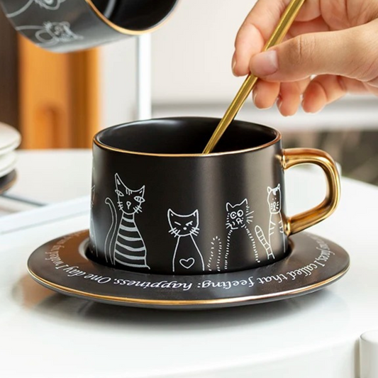 Taza de Gatos para Café. Taza de Lujo para Espresso y Té. Taza para Amante de los Gatos. Juego de Taza y Plato. Negro