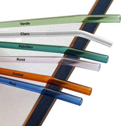Popotes de Vidrio de Colores. Set de 6 Popotes Reutilizables con Cepillo de Limpieza.. Ecológicos, Coloridos, Elegantes y Aesthetic (Coloridos)