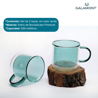 Tazas Doble Fondo para Café Espresso, Americano, Té.  Set de 2 Tazas Doble Pared de Vidrio, 300 ml. Bonitas y Elegantes (Verde)