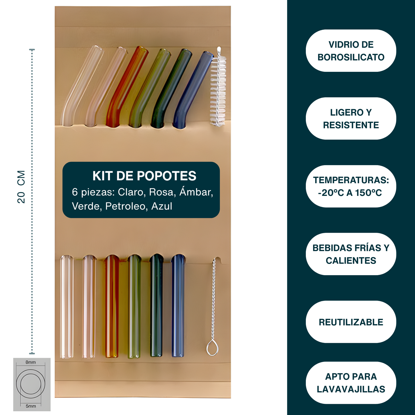 Popotes de Vidrio de Colores. Set de 6 Popotes Reutilizables con Cepillo de Limpieza.. Ecológicos, Coloridos, Elegantes y Aesthetic (Coloridos)
