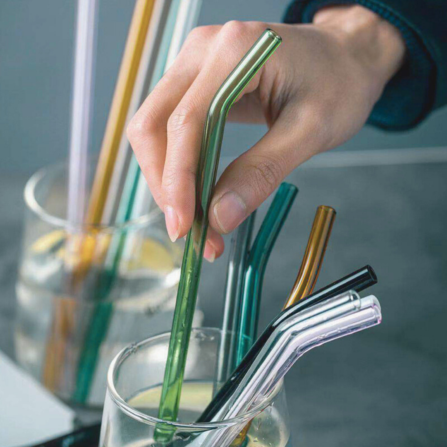 Popotes de Vidrio de Colores. Set de 6 Popotes Reutilizables con Cepillo de Limpieza.. Ecológicos, Coloridos, Elegantes y Aesthetic (Coloridos)