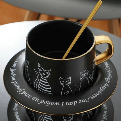 Taza de Gatos para Café. Taza de Lujo para Espresso y Té. Taza para Amante de los Gatos. Juego de Taza y Plato. Negro