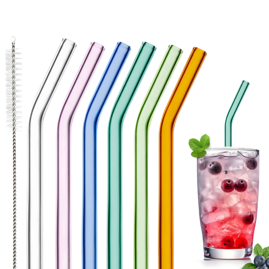 Popotes de Vidrio de Colores. Set de 6 Popotes Reutilizables con Cepillo de Limpieza.. Ecológicos, Coloridos, Elegantes y Aesthetic (Coloridos)