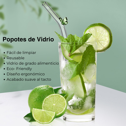 Popotes de Vidrio Reutilizables. Diseño Figuras 3D: Mariposa, Uva, Flor, Cereza. Set de 4 popotes con Cepillo de Limpieza. Ecológicos, Elegantes y Aesthetic