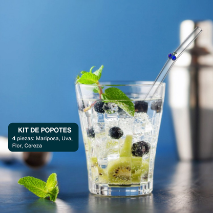 Popotes de Vidrio Reutilizables. Diseño Figuras 3D: Mariposa, Uva, Flor, Cereza. Set de 4 popotes con Cepillo de Limpieza. Ecológicos, Elegantes y Aesthetic