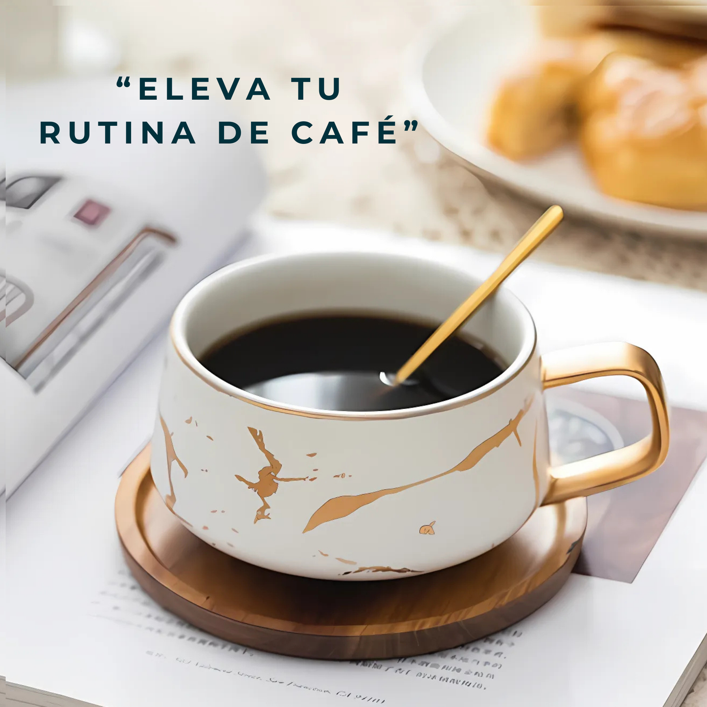 Taza de Mármol para Café. Taza para Latte y Té. Taza de Lujo. Juego de Taza y Plato. 350 ml. Color Blanco