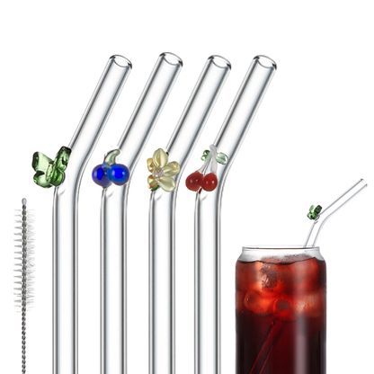Popotes de Vidrio Reutilizables. Diseño Figuras 3D: Mariposa, Uva, Flor, Cereza. Set de 4 popotes con Cepillo de Limpieza. Ecológicos, Elegantes y Aesthetic