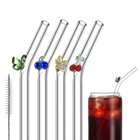 Popotes de Vidrio Reutilizables. Diseño Figuras 3D: Mariposa, Uva, Flor, Cereza. Set de 4 popotes con Cepillo de Limpieza. Ecológicos, Elegantes y Aesthetic