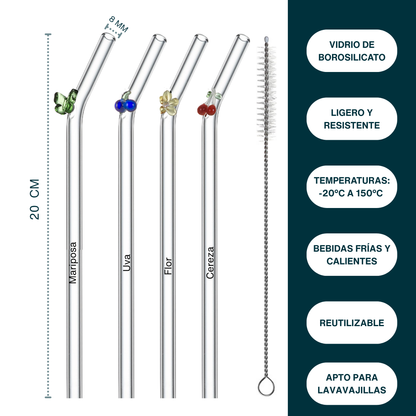 Popotes de Vidrio Reutilizables. Diseño Figuras 3D: Mariposa, Uva, Flor, Cereza. Set de 4 popotes con Cepillo de Limpieza. Ecológicos, Elegantes y Aesthetic