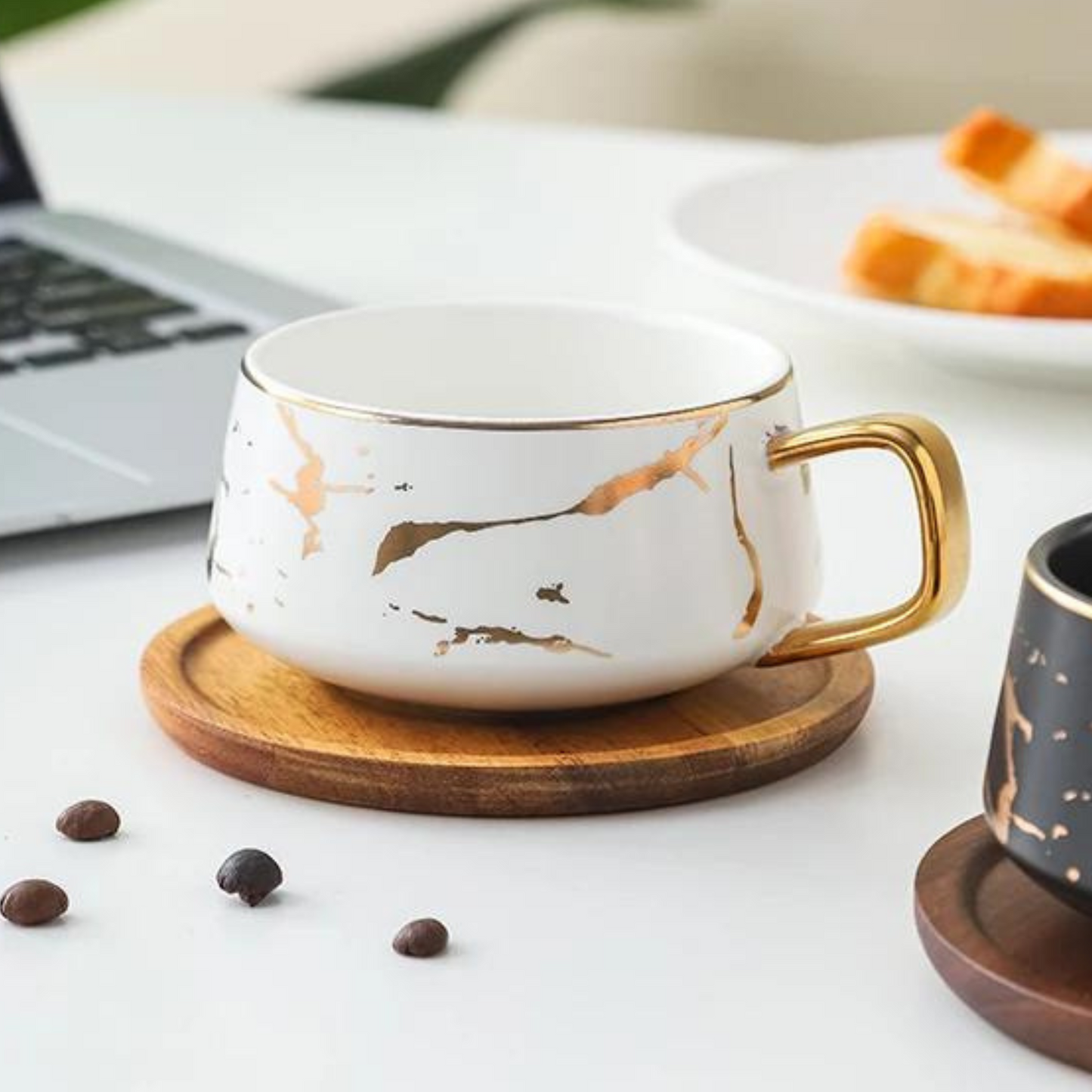 Taza de Mármol para Café. Taza para Latte y Té. Taza de Lujo. Juego de Taza y Plato. 350 ml. Color Blanco