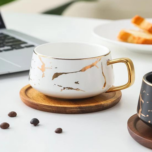 Taza de Mármol para Café. Taza para Latte y Té. Taza de Lujo. Juego de Taza y Plato. 350 ml. Color Blanco