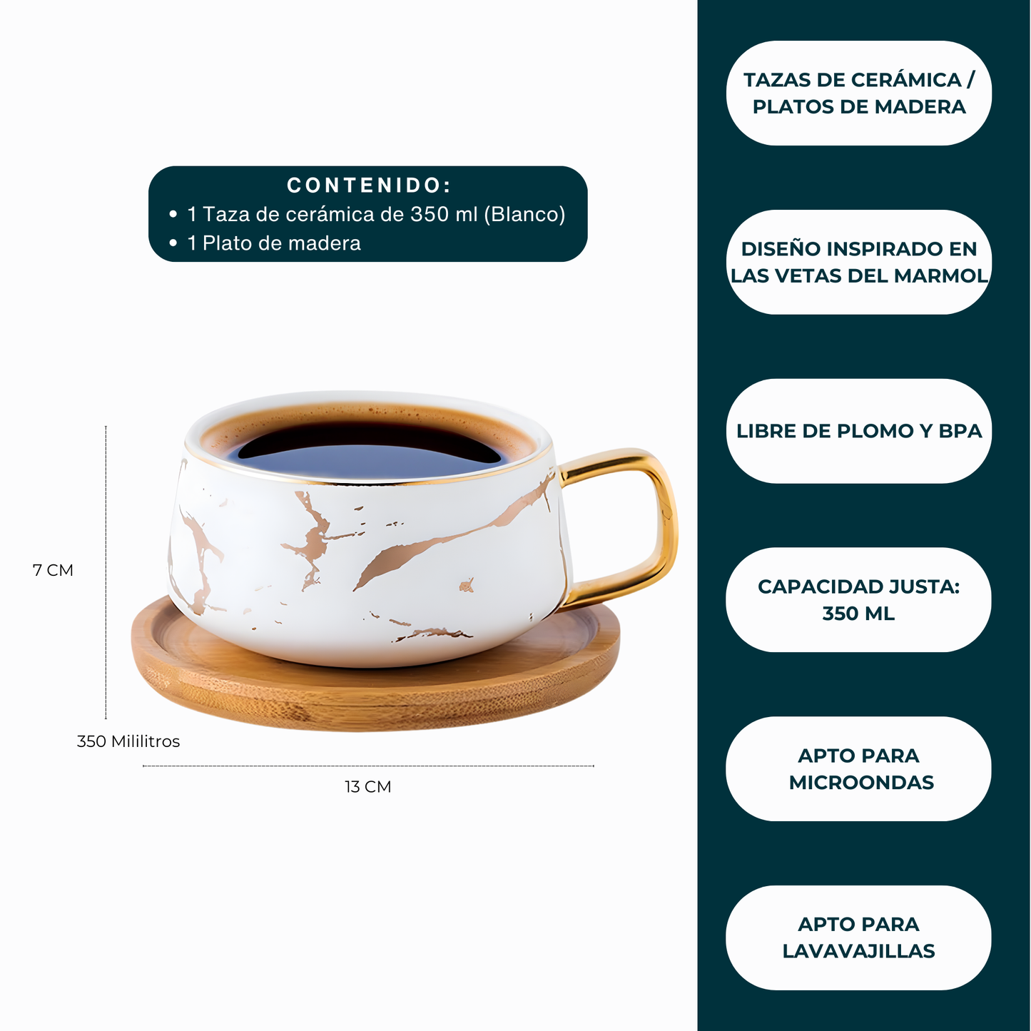 Taza de Mármol para Café. Taza para Latte y Té. Taza de Lujo. Juego de Taza y Plato. 350 ml. Color Blanco