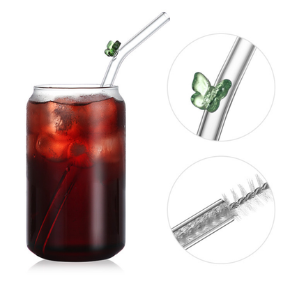 Popotes de Vidrio Reutilizables. Diseño Figuras 3D: Mariposa, Uva, Flor, Cereza. Set de 4 popotes con Cepillo de Limpieza. Ecológicos, Elegantes y Aesthetic