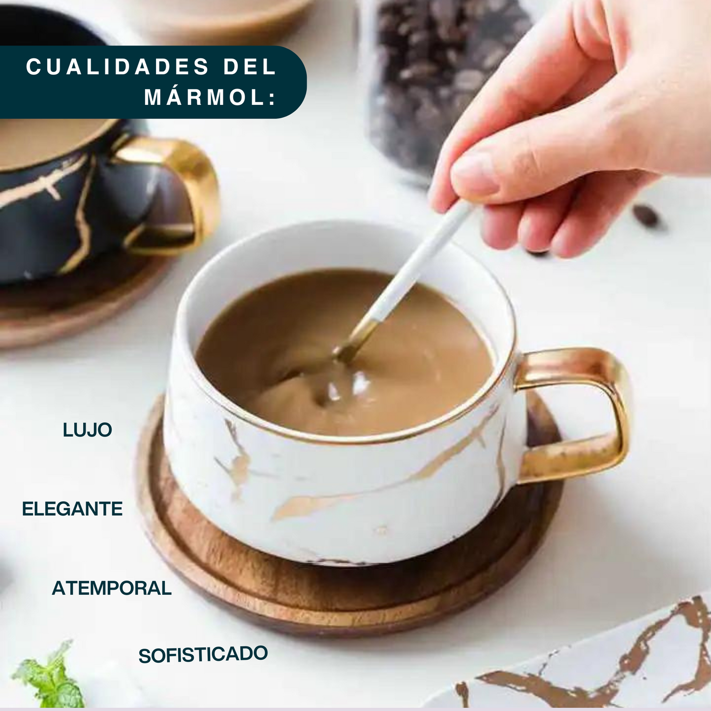Taza de Mármol para Café. Taza para Latte y Té. Taza de Lujo. Juego de Taza y Plato. 350 ml. Color Blanco
