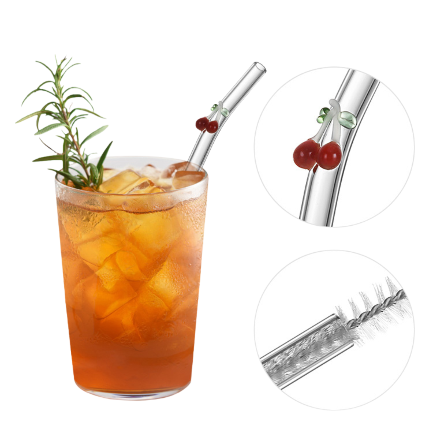 Popotes de Vidrio Reutilizables. Diseño Figuras 3D: Mariposa, Uva, Flor, Cereza. Set de 4 popotes con Cepillo de Limpieza. Ecológicos, Elegantes y Aesthetic