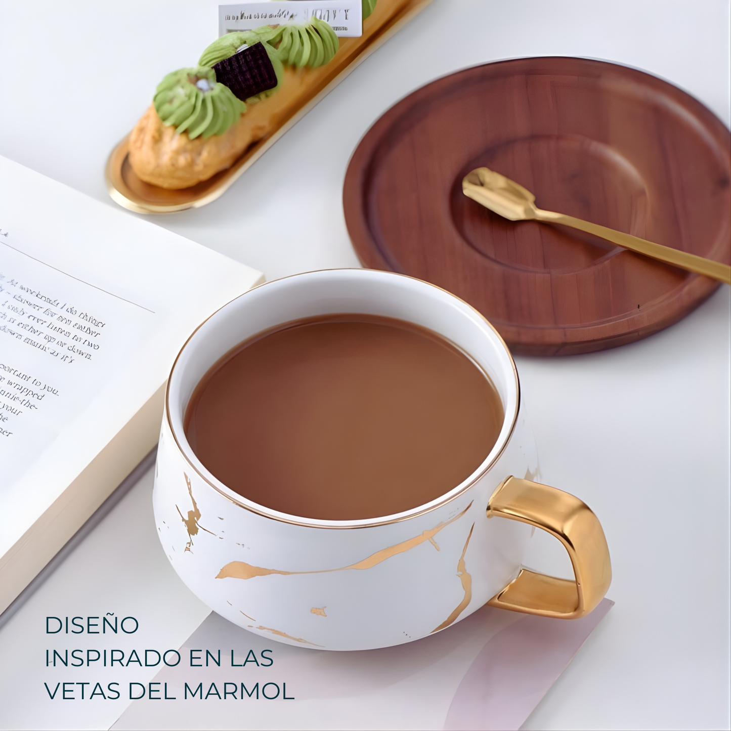 Taza de Mármol para Café. Taza para Latte y Té. Taza de Lujo. Juego de Taza y Plato. 350 ml. Color Blanco