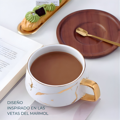 Taza de Mármol para Café. Taza para Latte y Té. Taza de Lujo. Juego de Taza y Plato. 350 ml. Color Blanco