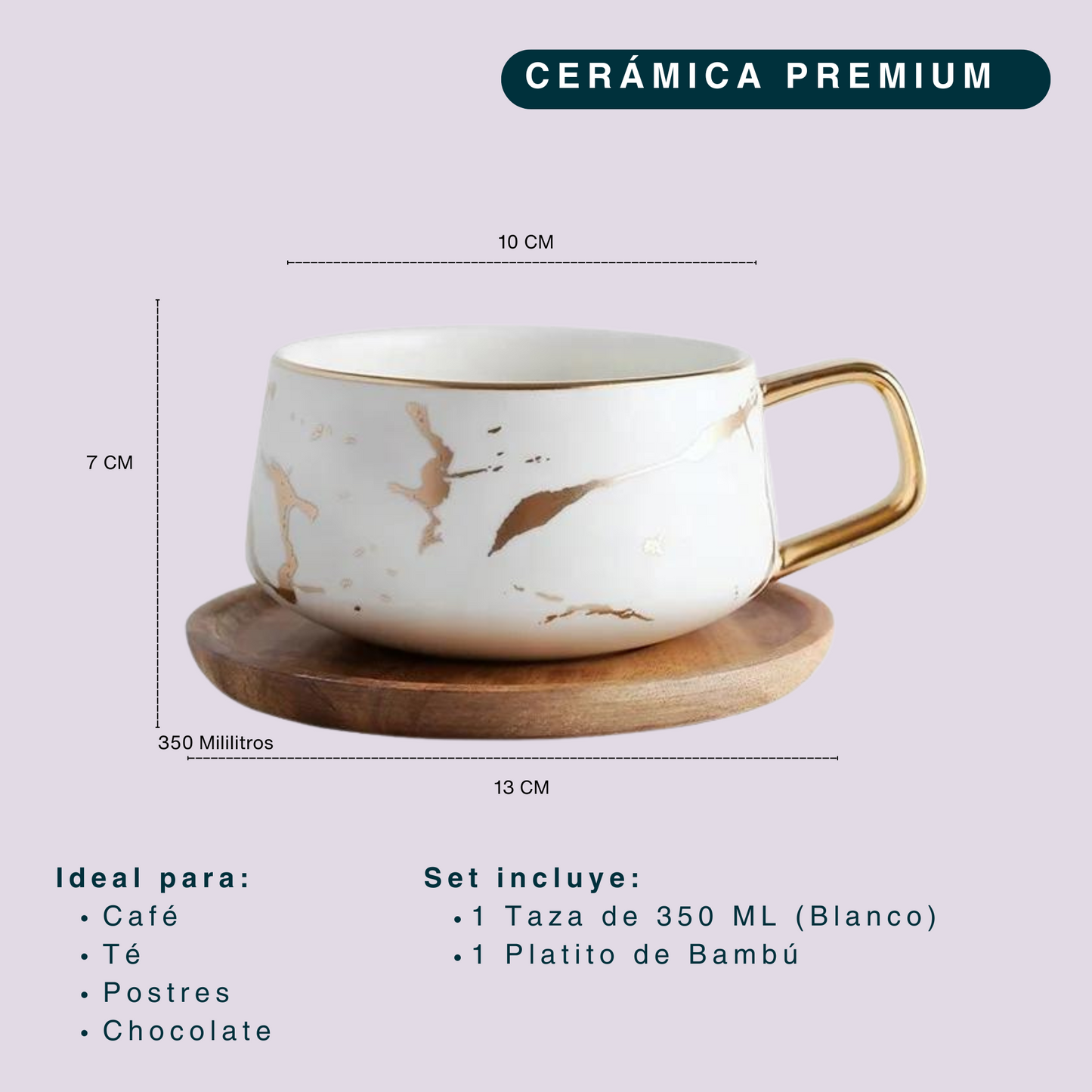 Taza de Mármol para Café. Taza para Latte y Té. Taza de Lujo. Juego de Taza y Plato. 350 ml. Color Blanco