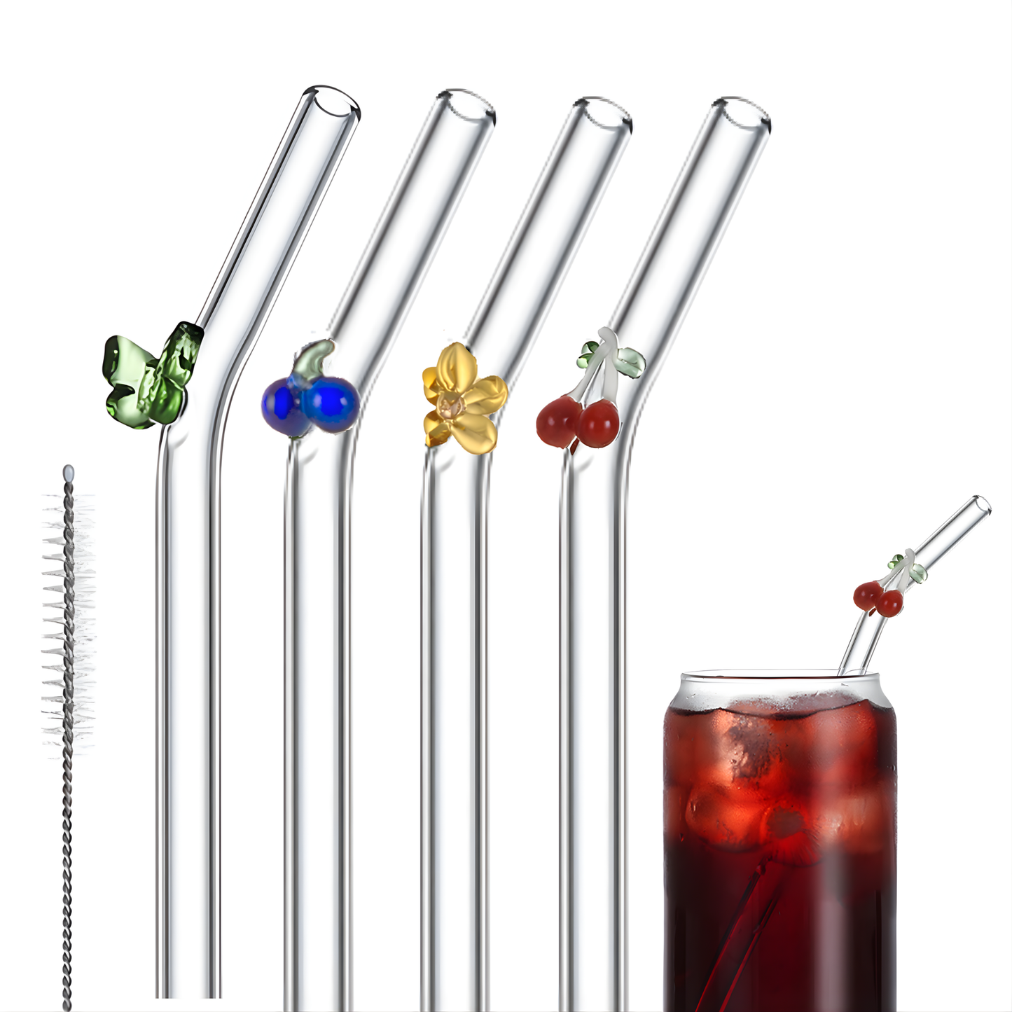 Popotes de Vidrio Reutilizables. Diseño Figuras 3D: Mariposa, Uva, Flor, Cereza. Set de 4 popotes con Cepillo de Limpieza. Ecológicos, Elegantes y Aesthetic