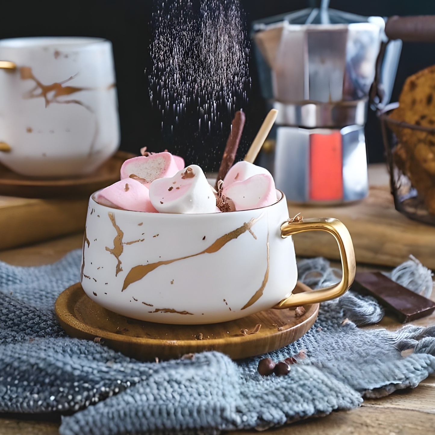 Taza de Mármol para Café. Taza para Latte y Té. Taza de Lujo. Juego de Taza y Plato. 350 ml. Color Blanco