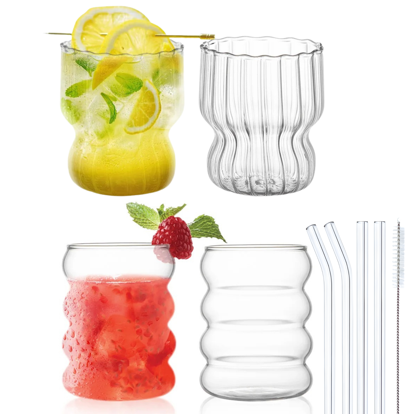 Vasos de Vidrio para Agua, Bebidas, Cóctel, Mojito, Margarita. Set de Vasos con Popotes. Diseño Oruga y Acanalado (4 x 300 ml)