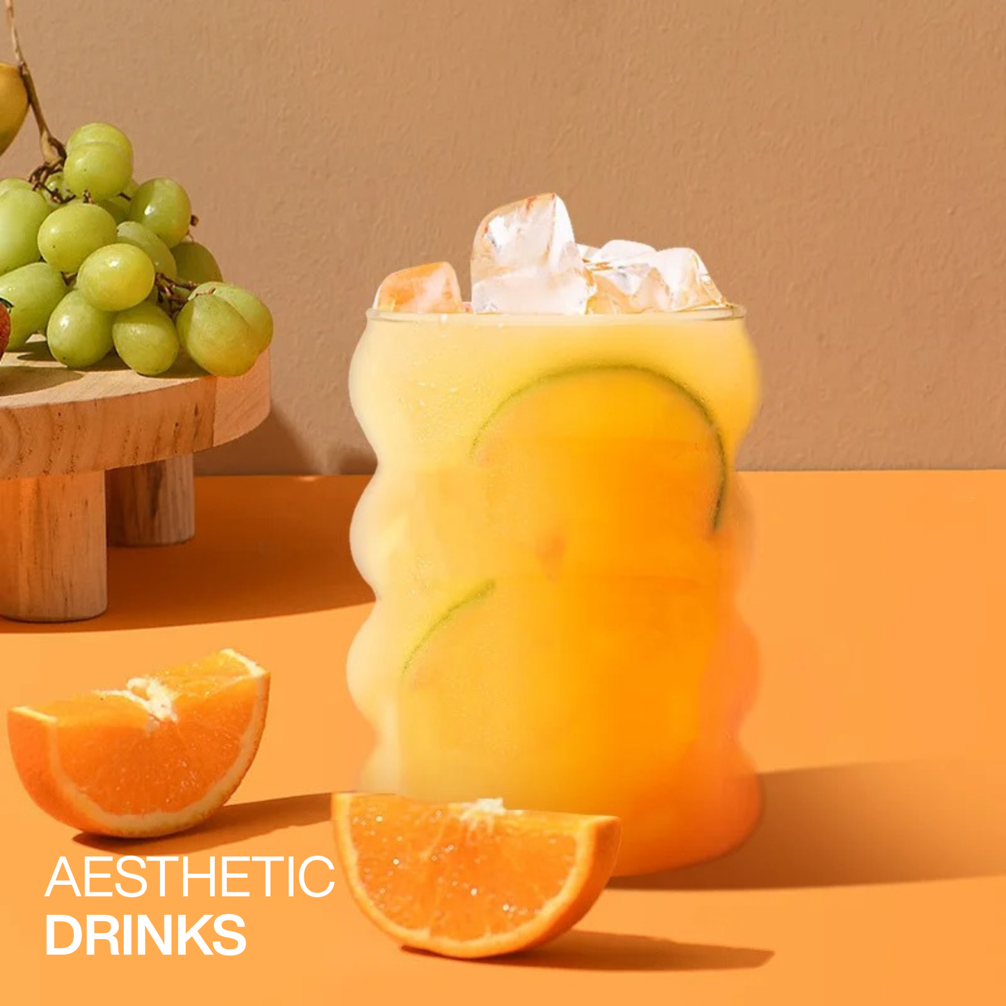 Vasos de Vidrio para Agua, Bebidas, Cóctel, Mojito, Margarita. Set de Vasos con Popotes. Diseño Oruga y Acanalado (4 x 300 ml)