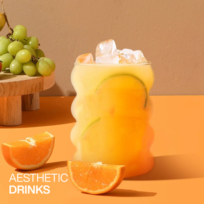 Vasos de Vidrio para Agua, Bebidas, Cóctel, Mojito, Margarita. Set de Vasos con Popotes. Diseño Oruga y Acanalado (4 x 300 ml)