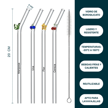 Popotes de Vidrio Reutilizables. Diseño Figuras 3D: Mariposa, Uva, Flor, Cereza. Set de 4 popotes con Cepillo de Limpieza. Ecológicos, Elegantes y Aesthetic