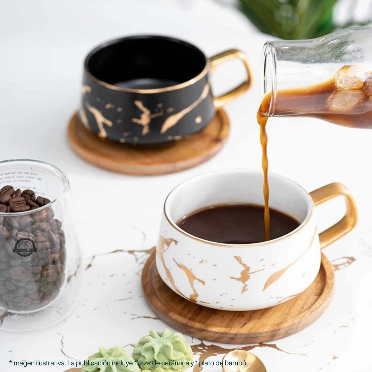 Taza de Mármol para Café. Taza para Latte y Té. Taza de Lujo. Juego de Taza y Plato. 350 ml. Color Blanco