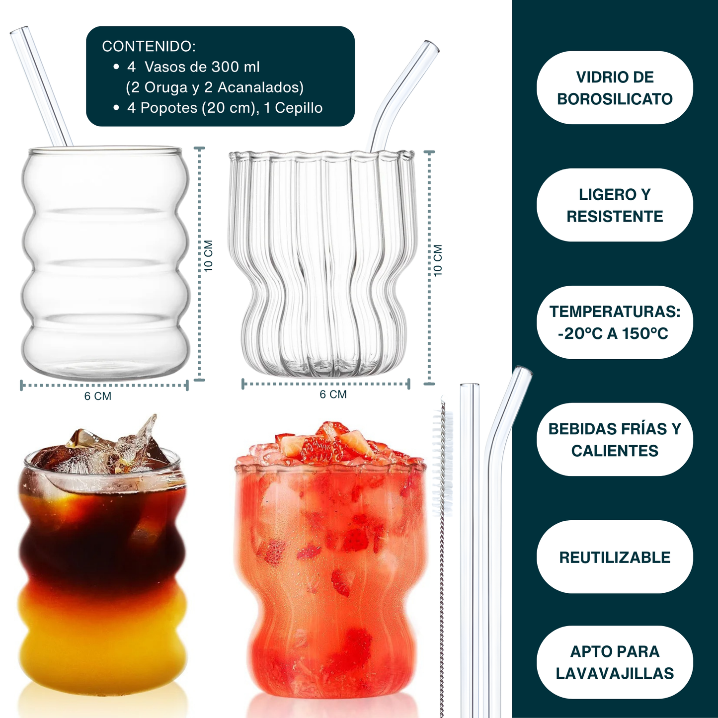 Vasos de Vidrio para Agua, Bebidas, Cóctel, Mojito, Margarita. Set de Vasos con Popotes. Diseño Oruga y Acanalado (4 x 300 ml)