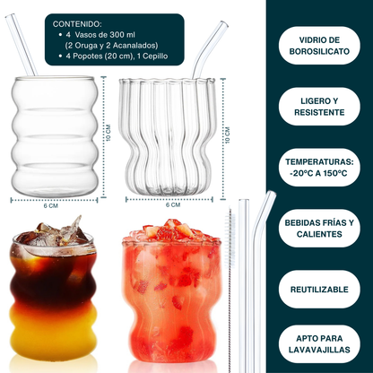 Vasos de Vidrio para Agua, Bebidas, Cóctel, Mojito, Margarita. Set de Vasos con Popotes. Diseño Oruga y Acanalado (4 x 300 ml)
