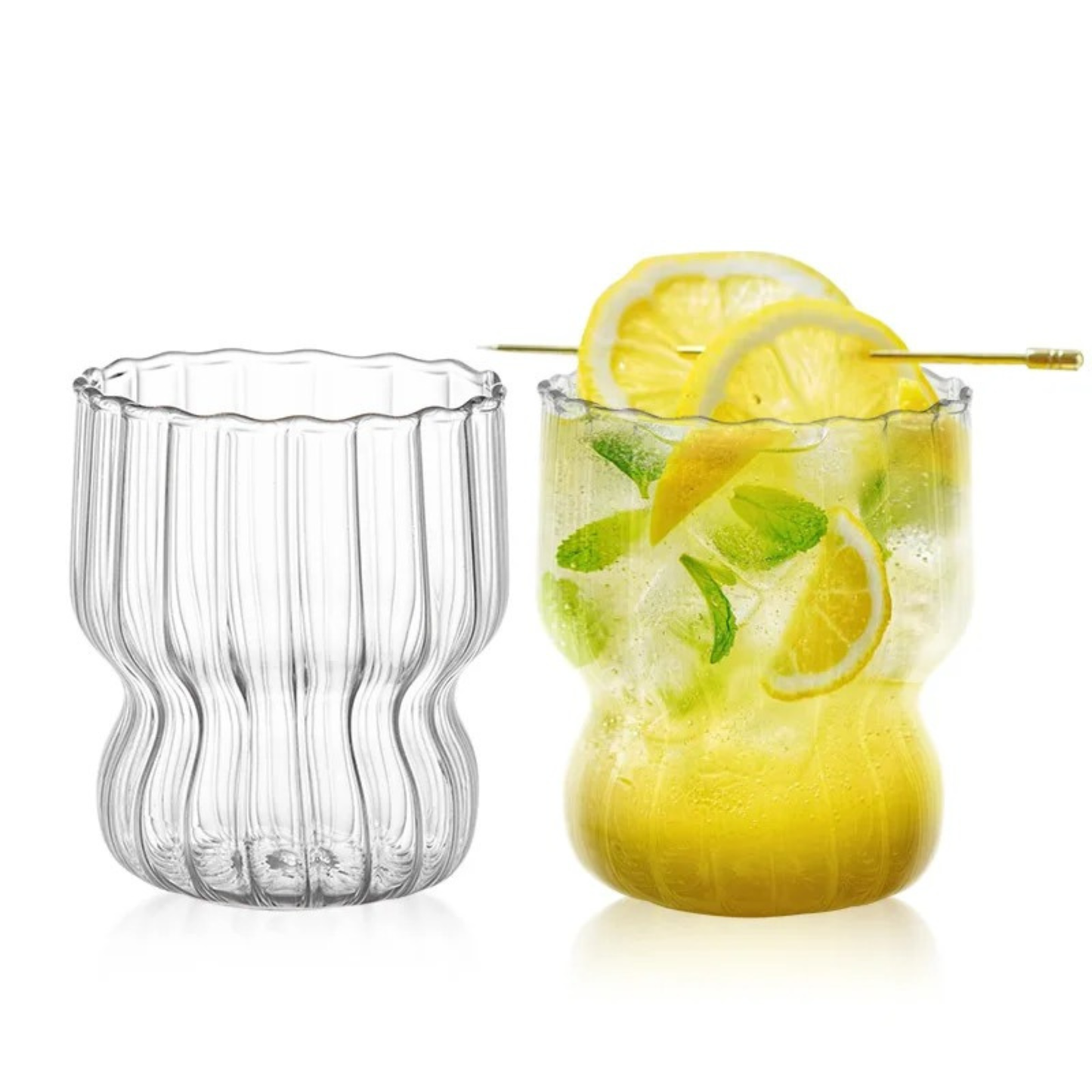 Vasos de Vidrio para Agua, Bebidas, Cóctel, Mojito, Margarita. Set de Vasos con Popotes. Diseño Oruga y Acanalado (4 x 300 ml)