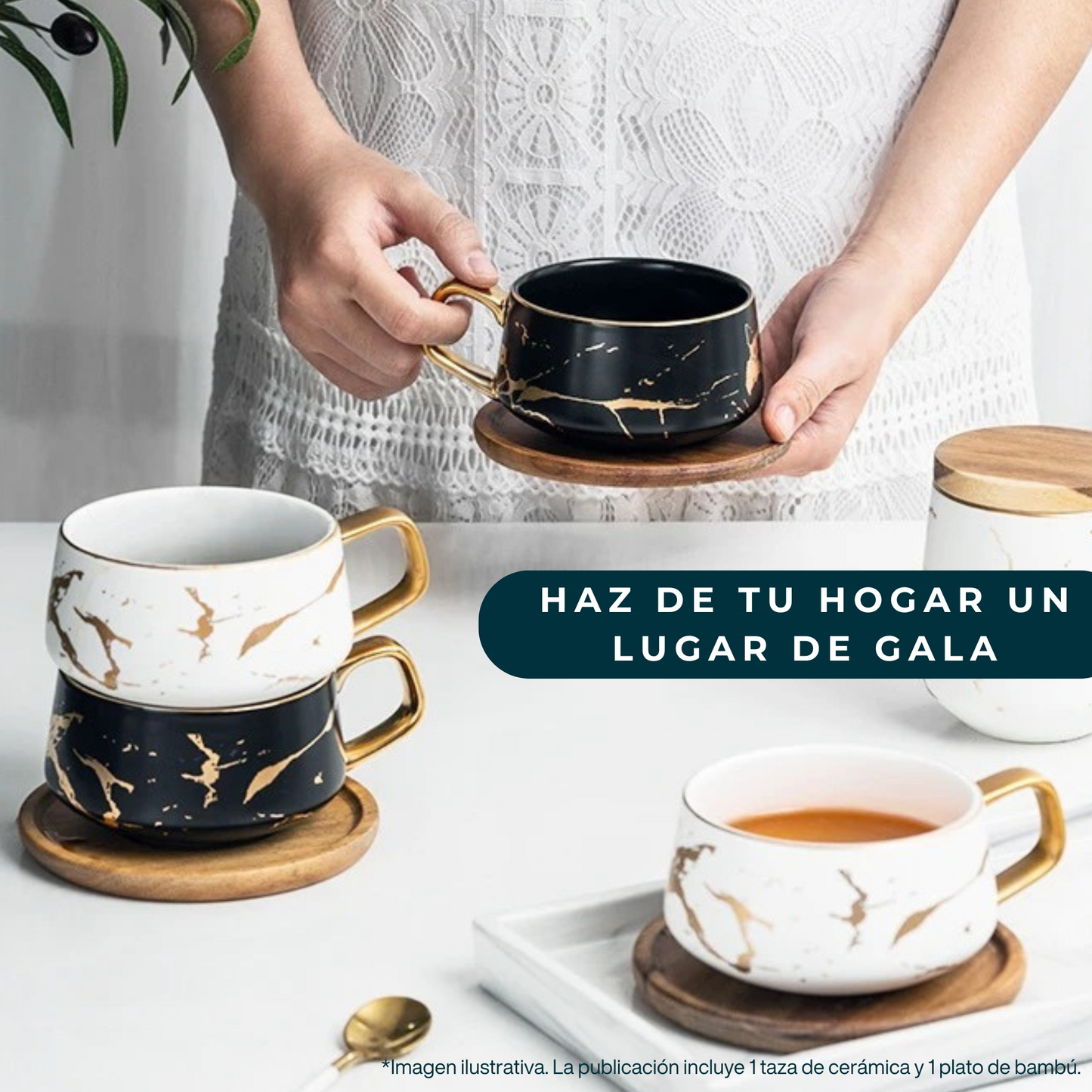 Taza de Mármol para Café. Taza para Latte y Té. Taza de Lujo. Juego de Taza y Plato. 350 ml. Color Blanco
