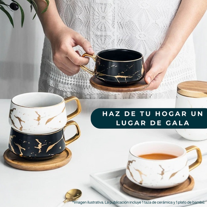 Taza de Mármol para Café. Taza para Latte y Té. Taza de Lujo. Juego de Taza y Plato. 350 ml. Color Blanco