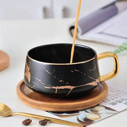 Taza de Mármol para Café. Taza para Latte y Té. Taza de Lujo. Juego de Taza y Plato. 350 ml. Color Negro