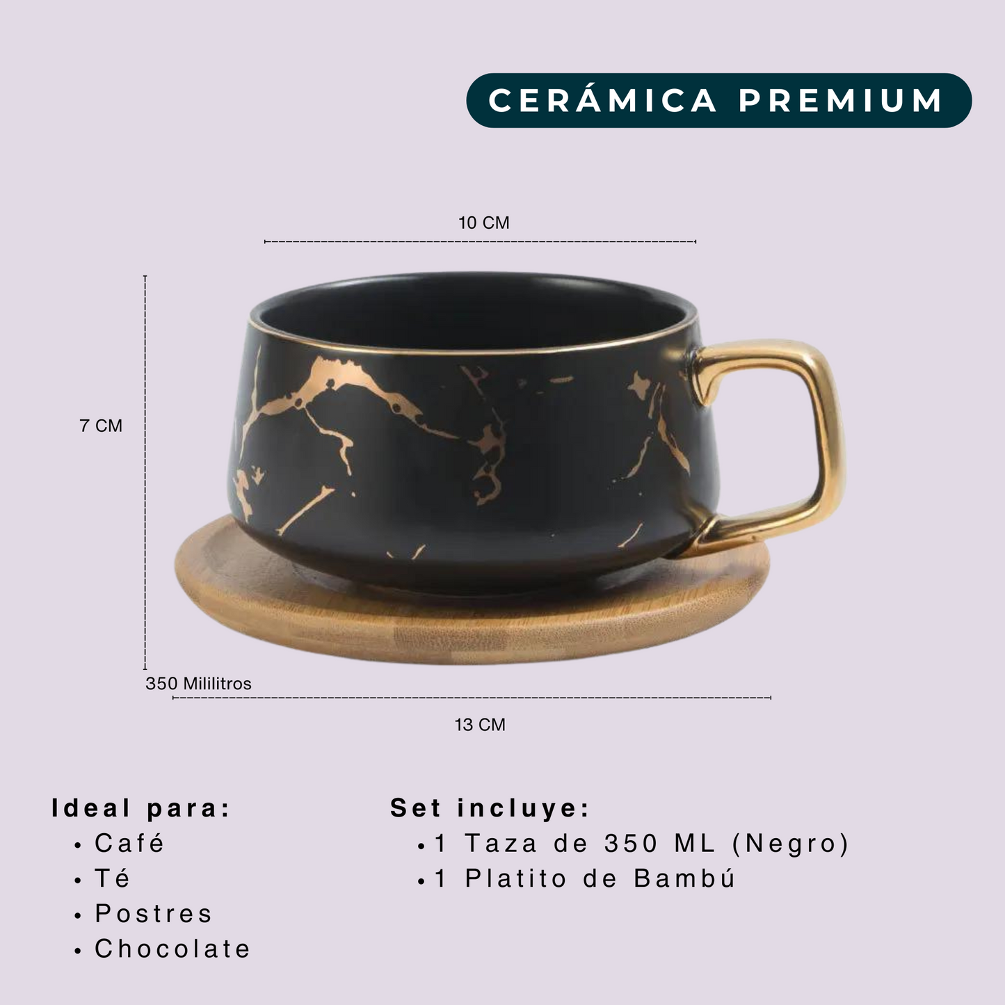 Taza de Mármol para Café. Taza para Latte y Té. Taza de Lujo. Juego de Taza y Plato. 350 ml. Color Negro