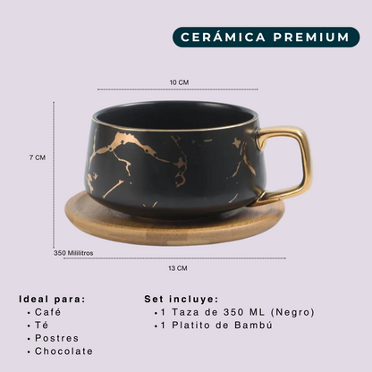 Taza de Mármol para Café. Taza para Latte y Té. Taza de Lujo. Juego de Taza y Plato. 350 ml. Color Negro