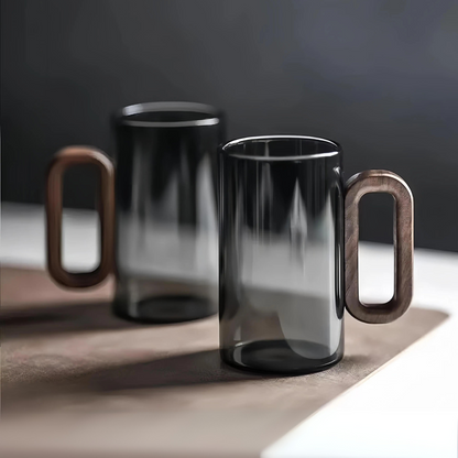 Tazas Nórdicas para Café, Té, Cóctel. Hechas a Mano. Vidrio Borosilicato y Asa de Madera. Set de 2 Tazas Bonitas y Minimalistas. 350 ml.
