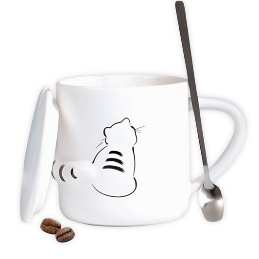 Taza de Gato con Cola en 3D. Diseño de Gatito Distraído. Taza para Amante de los Gatos. Taza para Café de 350 ml.